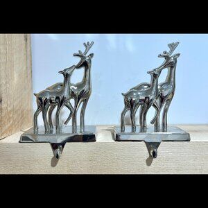 Set of 2 Silver Deer Stocking Holders 5x7" Mom & Baby Reindeer Christmas Mantle